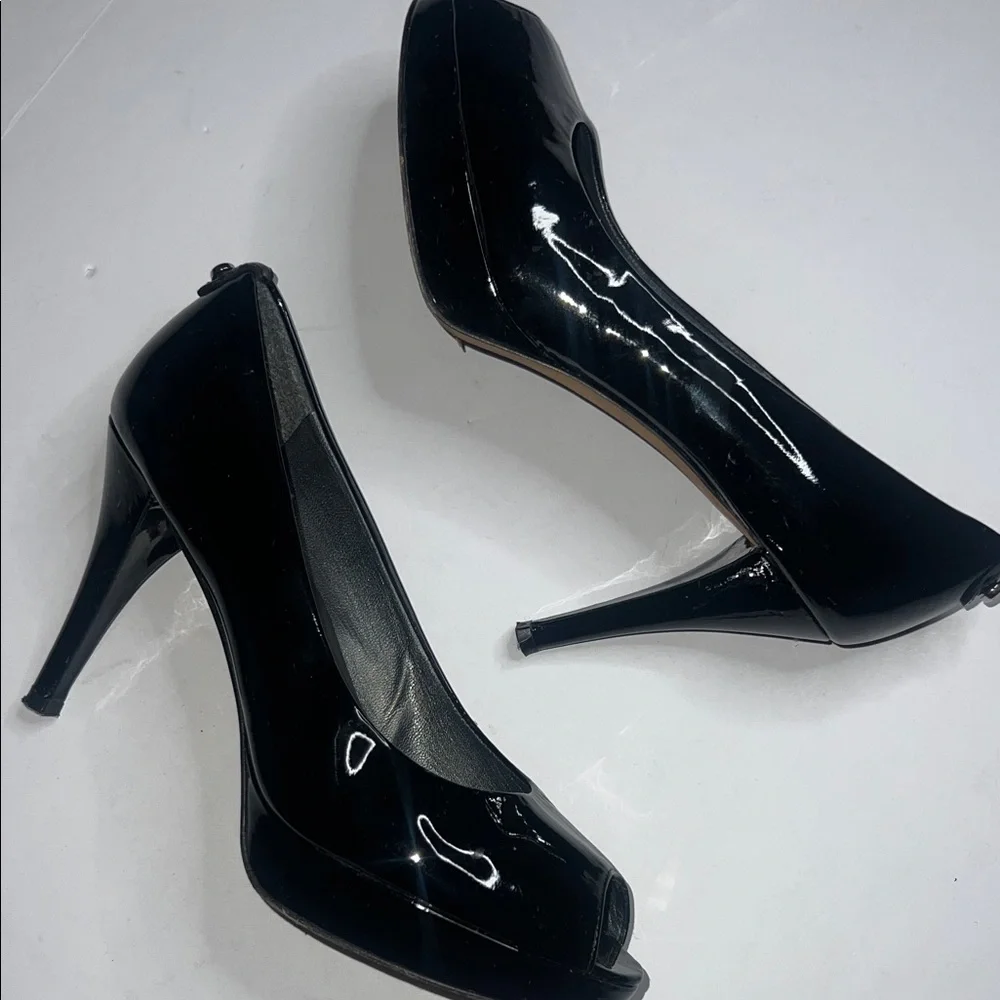 Stuart Weitzman Glossy Black Peep-Toe Heels - Picture 3 of 10